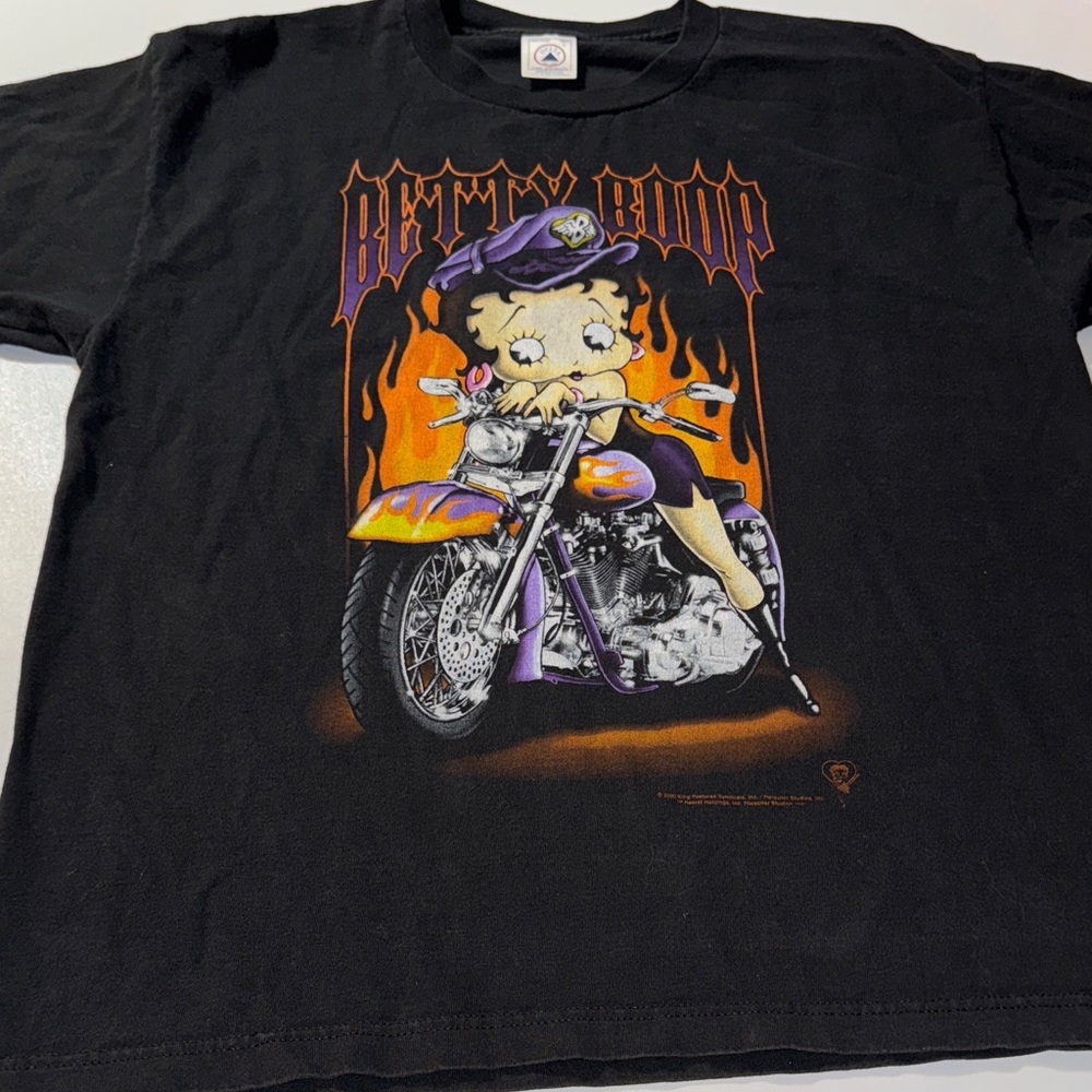 Y2K 2000 Black Betty Boop on a Motorcycle with Flames T-Shirt Silky Delta Tag‎